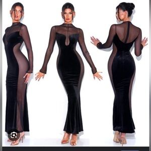 Miss Circle Paislee Black Velvet Mesh Long Sleeve Gown